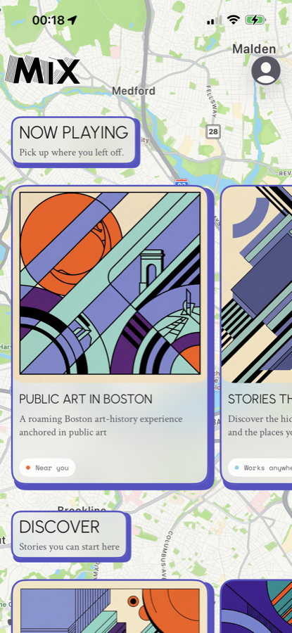 MIX iOS app showing location-based audio stories on a map