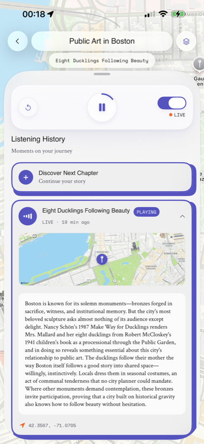 MIX iOS app playing a location-aware audio story in Boston