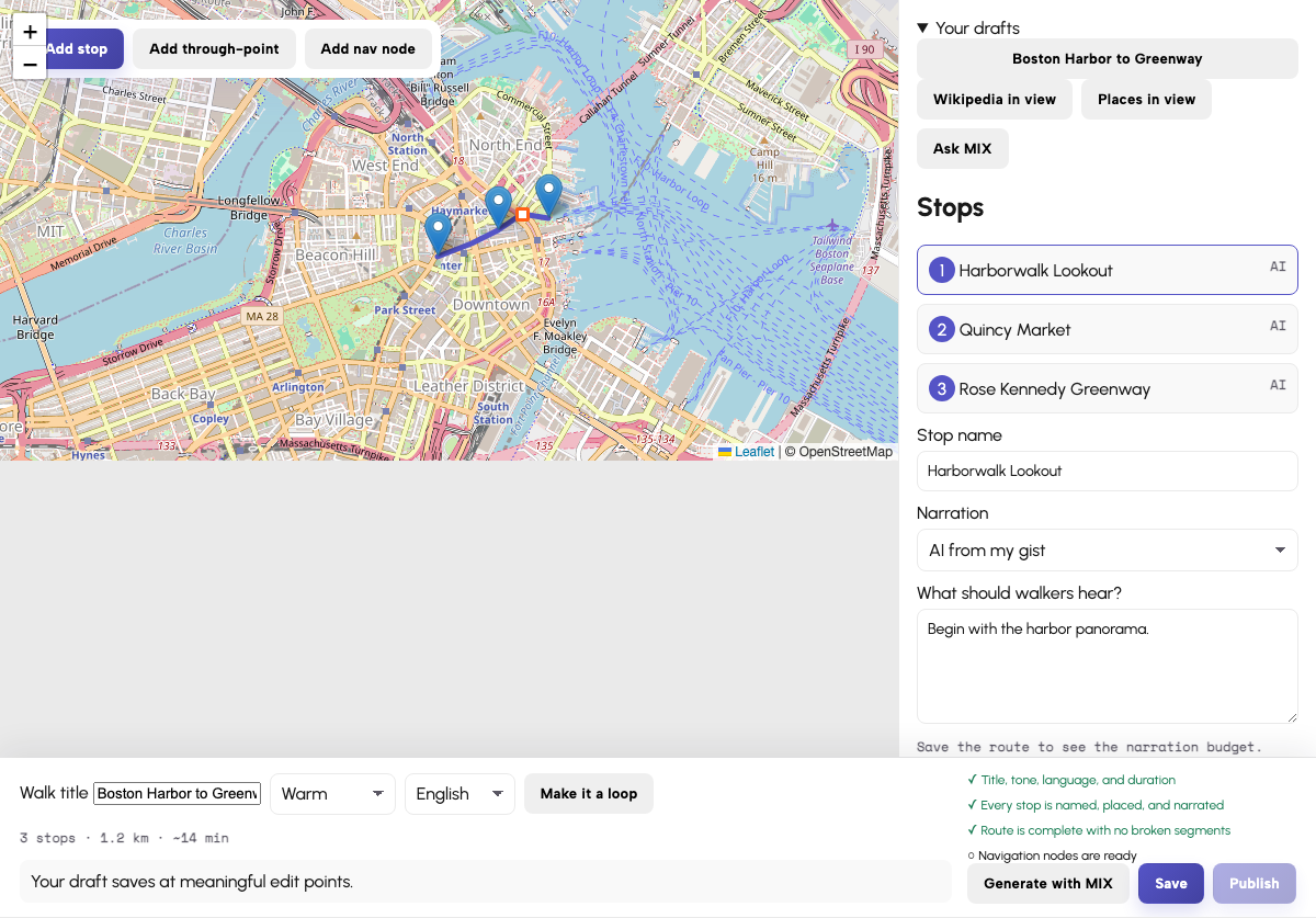 In-development MIX Studio build showing a mapped route, story stops, narration, and publishing controls